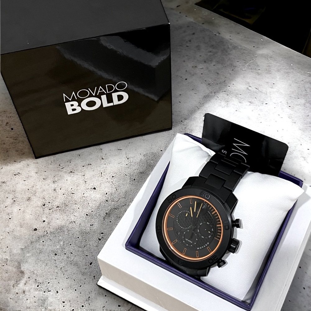 Men’s Movado watch, black and orange, gift